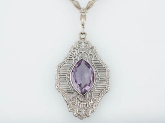 Antique Necklace Victorian 1.35 Marquis Cut Amethyst in 14k White Gold