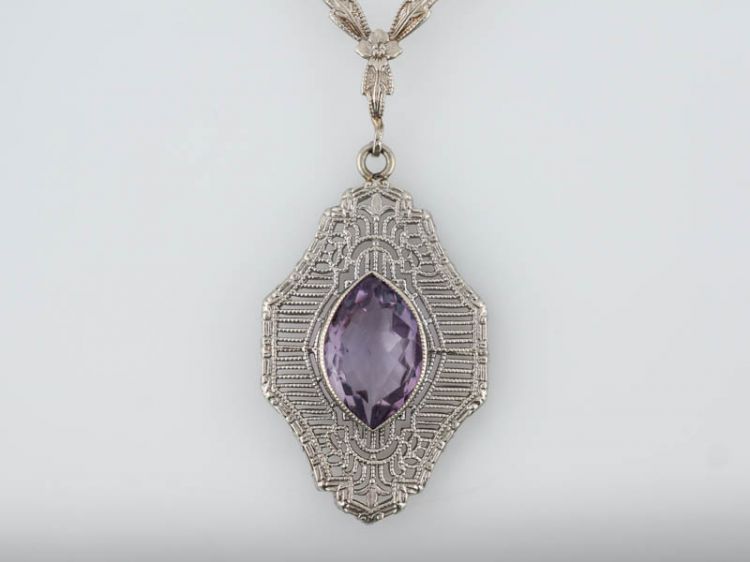 Antique Necklace Victorian 1.35 Marquis Cut Amethyst in 14k White Gold