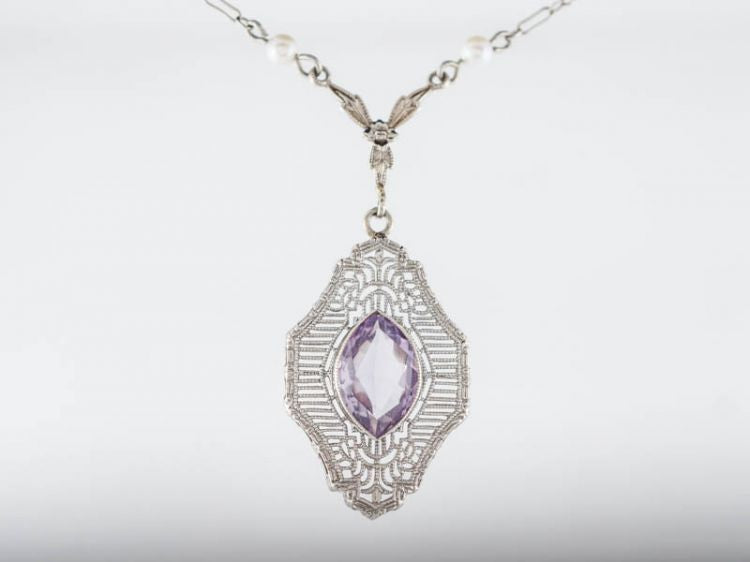 Antique Necklace Victorian 1.35 Marquis Cut Amethyst in 14k White Gold