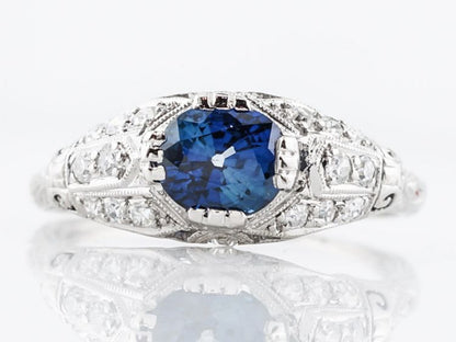 Antique Engagement Ring Art Deco 1.08 Cushion Cut Sapphire in Platinum