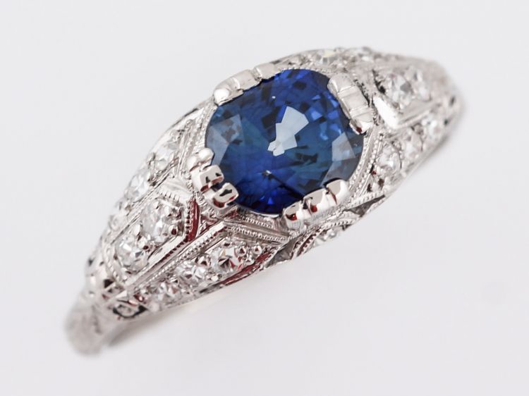 Antique Engagement Ring Art Deco 1.08 Cushion Cut Sapphire in Platinum