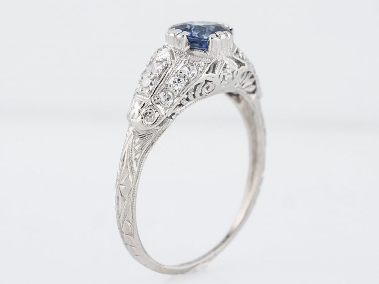 Antique Engagement Ring Art Deco 1.08 Cushion Cut Sapphire in Platinum