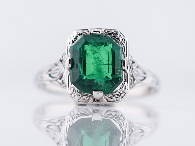 Antique Engagement Ring Art Deco 1.93 Modified Corner Step Cut Emerald in 14k White Gold