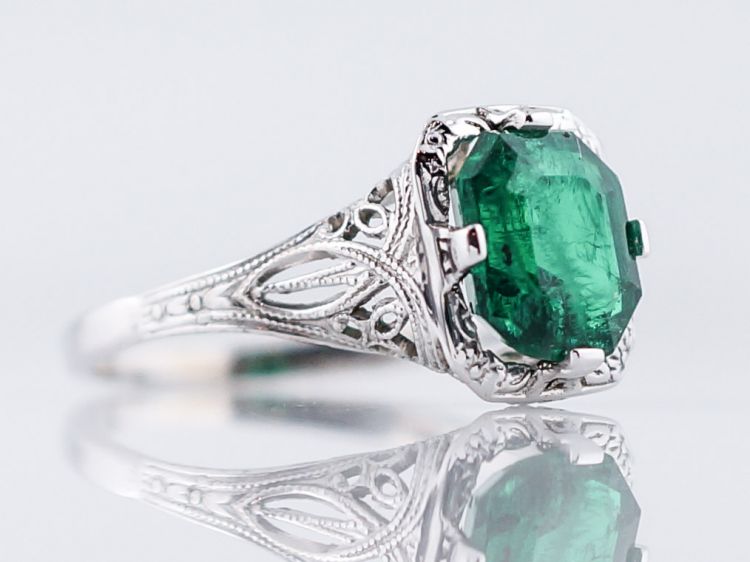 Antique Engagement Ring Art Deco 1.93 Modified Corner Step Cut Emerald in 14k White Gold