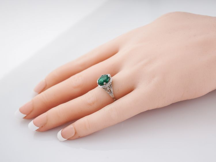 Antique Engagement Ring Art Deco 1.93 Modified Corner Step Cut Emerald in 14k White Gold