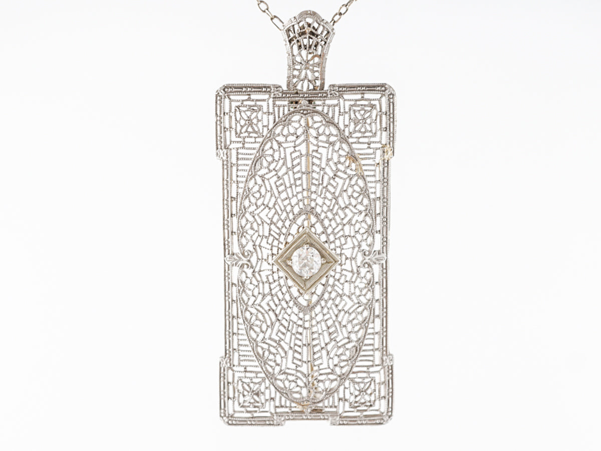 Art Deco Filigree Necklace w/ Old European Diamond