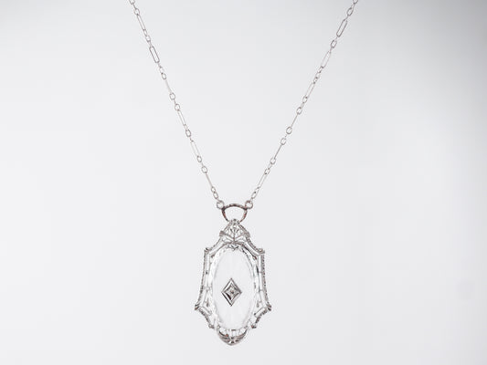 1920's Filigree Necklace w/ Diamond & Glass Camphor in 10k