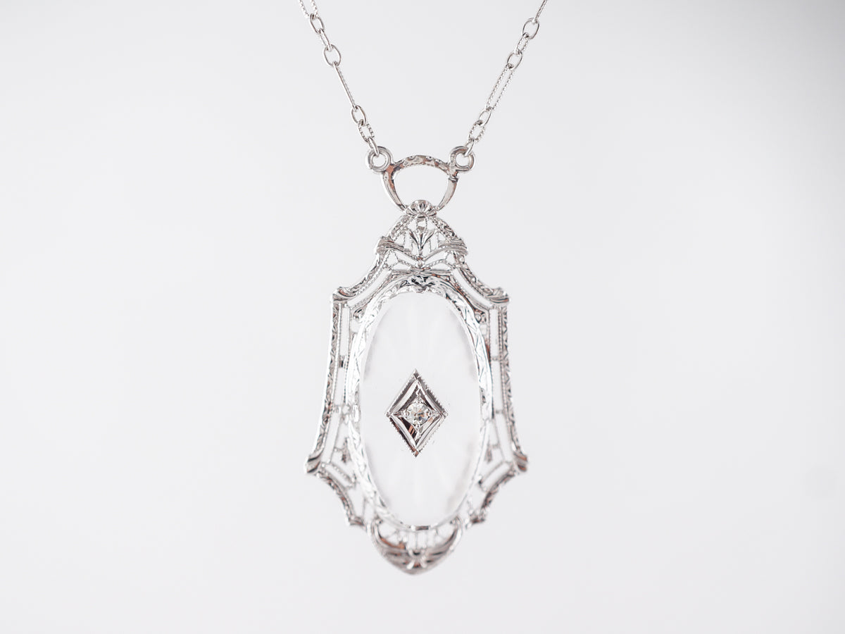 1920's Filigree Necklace w/ Diamond & Glass Camphor in 10k