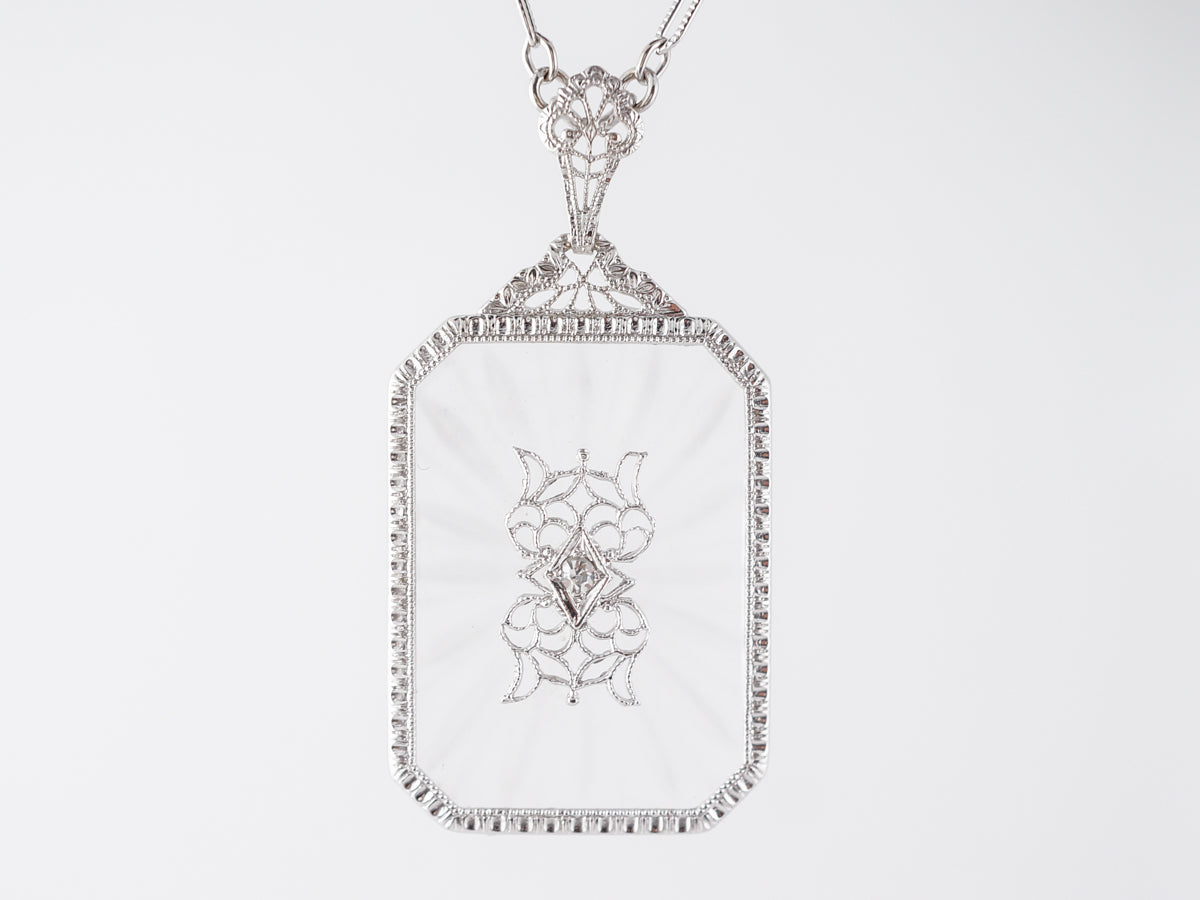 1920's Filigree Necklace w/ Diamond & Glass Camphor in 14k