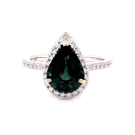 2.83 Pear Cut Green Sapphire and Diamond Ring in 14k White Gold