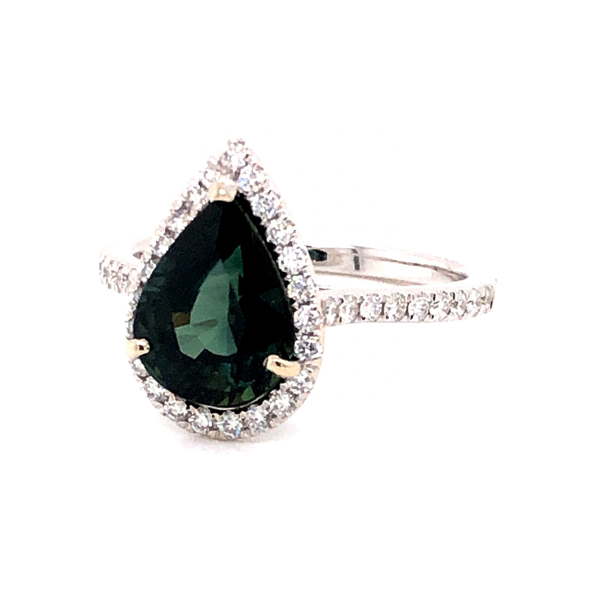 2.83 Pear Cut Green Sapphire and Diamond Ring in 14k White Gold