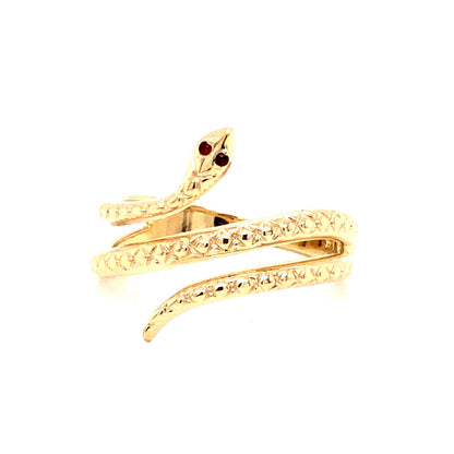 Snake Ring w/ Garnet Eyes in 14k Yellow Gold