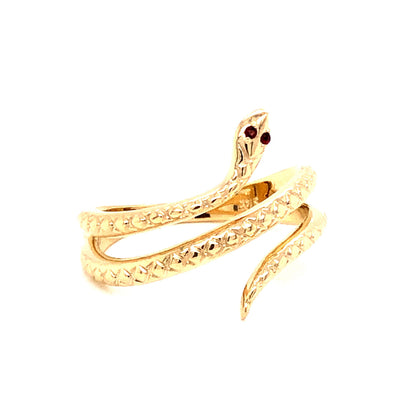 Snake Ring w/ Garnet Eyes in 14k Yellow Gold