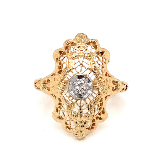 Filigree Diamond Cocktail Ring in 14k Yellow and White Gold