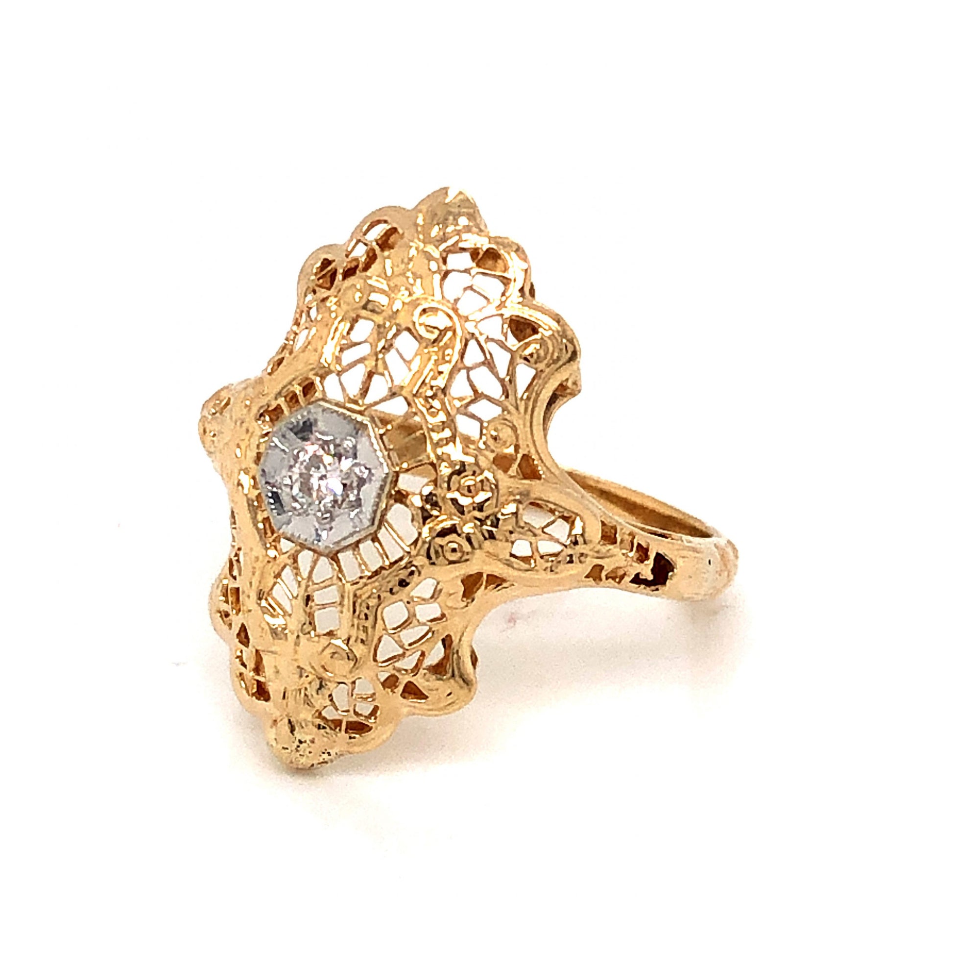 Filigree Diamond Cocktail Ring in 14k Yellow and White GoldComposition: Platinum Ring Size: 5.5 Total Diamond Weight: .10ct Total Gram Weight: 2.4 g Inscription: 14k
      
