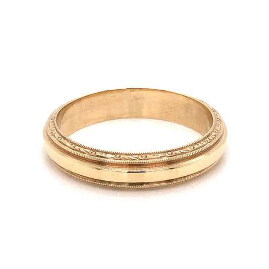 4mm Engraved Milgrain Art Deco Wedding Band in 14k Yellow Gold