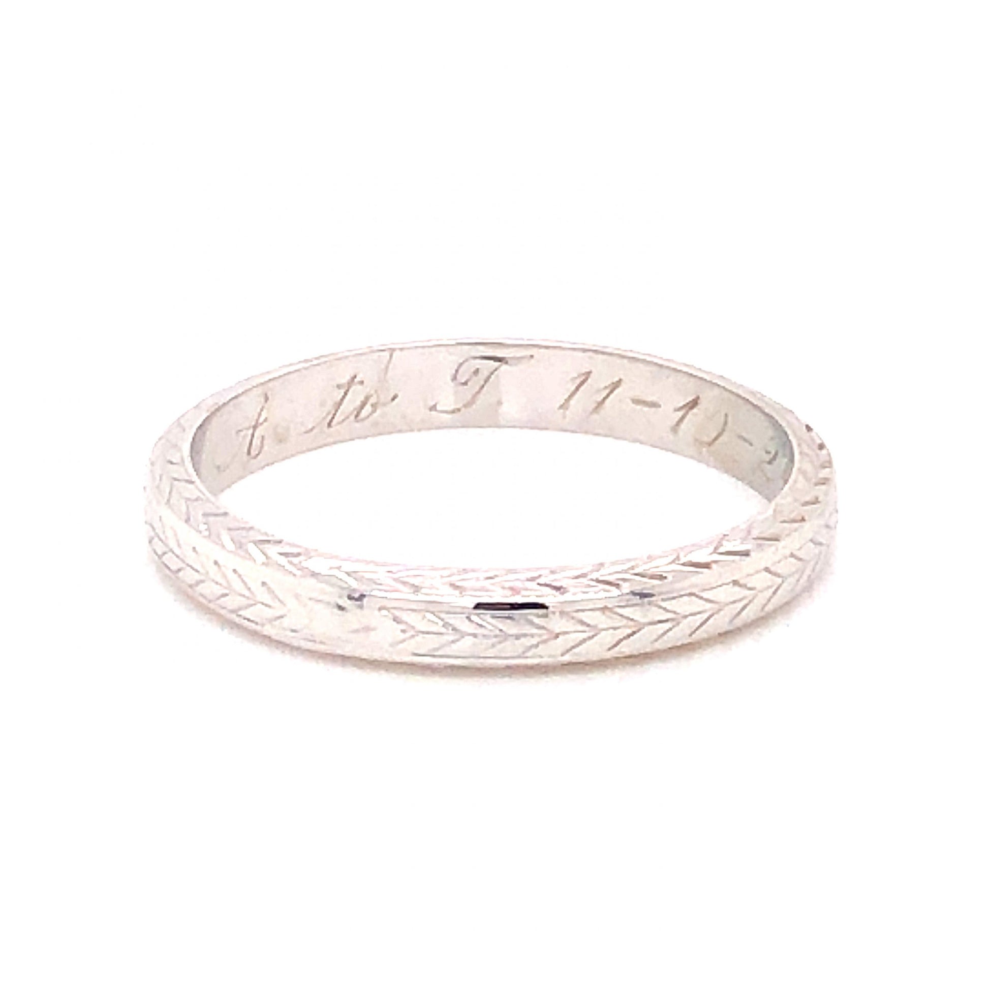 3mm Art Deco Chevron Wedding Band in 18k White GoldComposition: Platinum Ring Size: 7.25 Total Gram Weight: 3.2 g Inscription: BELAIS 18K, A. to T. 11-10-29
      