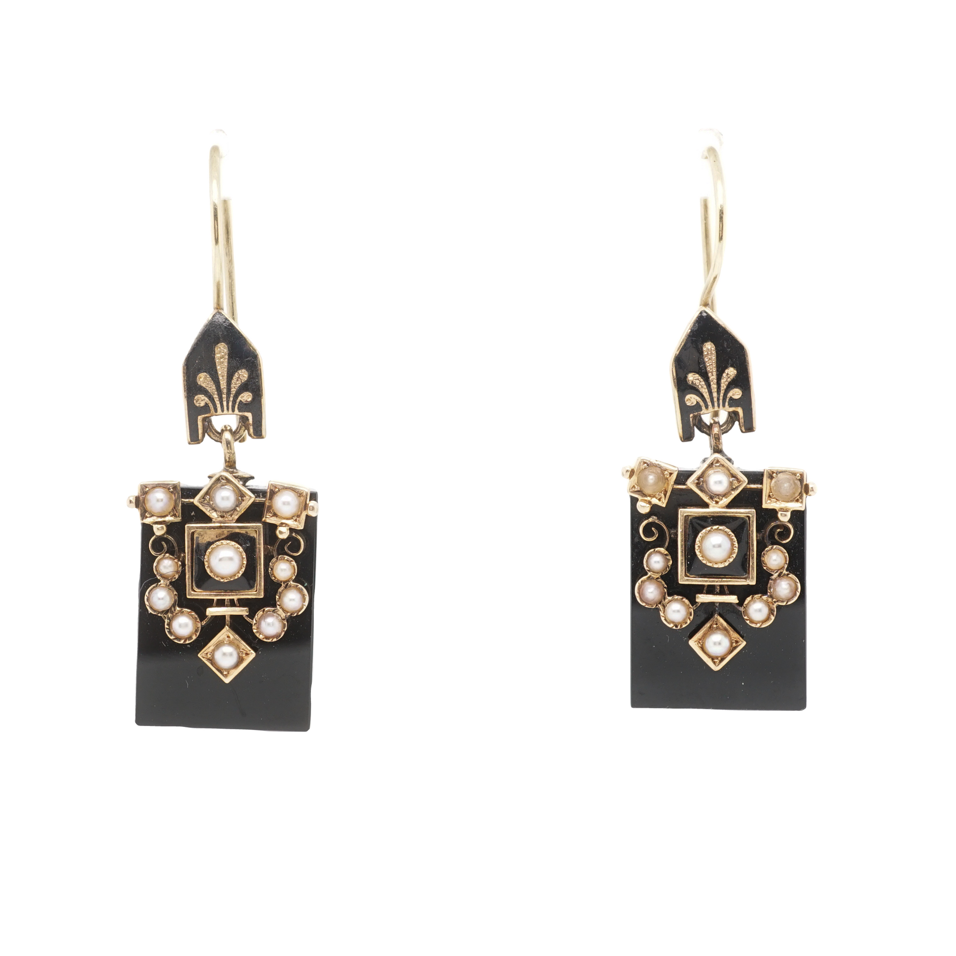 Victorian Onyx & Pearl Earrings in 14k Yellow GoldComposition: 14 Karat Yellow Gold Total Gram Weight: 9.4 g