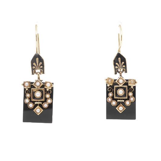 Victorian Onyx & Pearl Earrings in 14k Yellow Gold