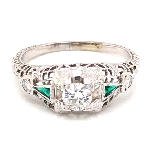 .27 Art Deco Diamond & Emerald Engagement Ring in 18k White Gold