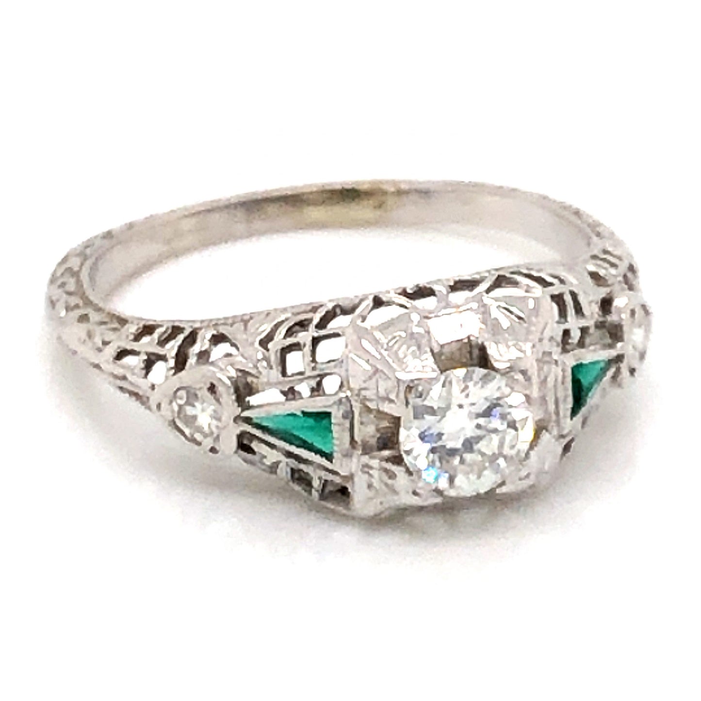 .27 Art Deco Diamond & Emerald Engagement Ring in 18k White Gold
