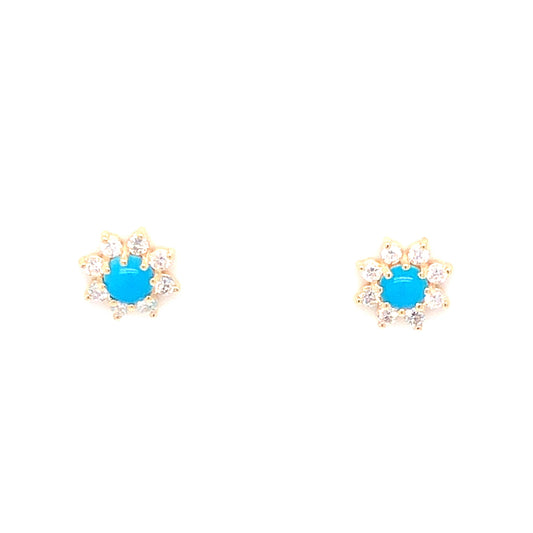 Turquoise and Diamond Stud Earrings in 14k Yellow Gold