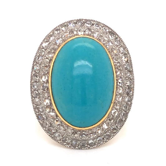 Mid-Century Turquoise and Diamond Cocktail Ring in 14k and Platinum