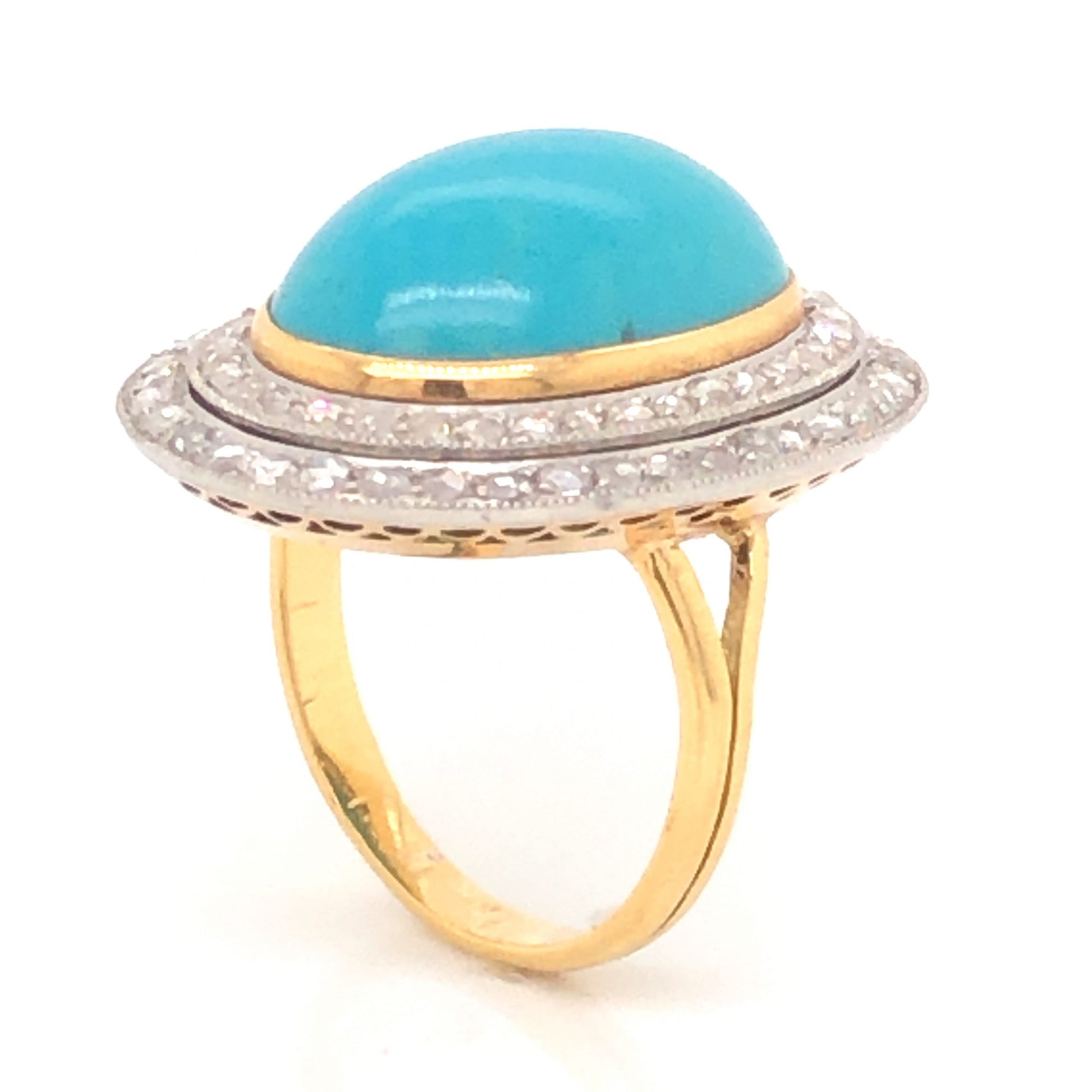 Mid-Century Turquoise and Diamond Cocktail Ring in 14k and Platinum