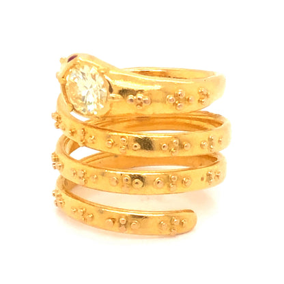 .68 Diamond Snake Ring w/ Ruby Eyes in 22k Yellow Gold