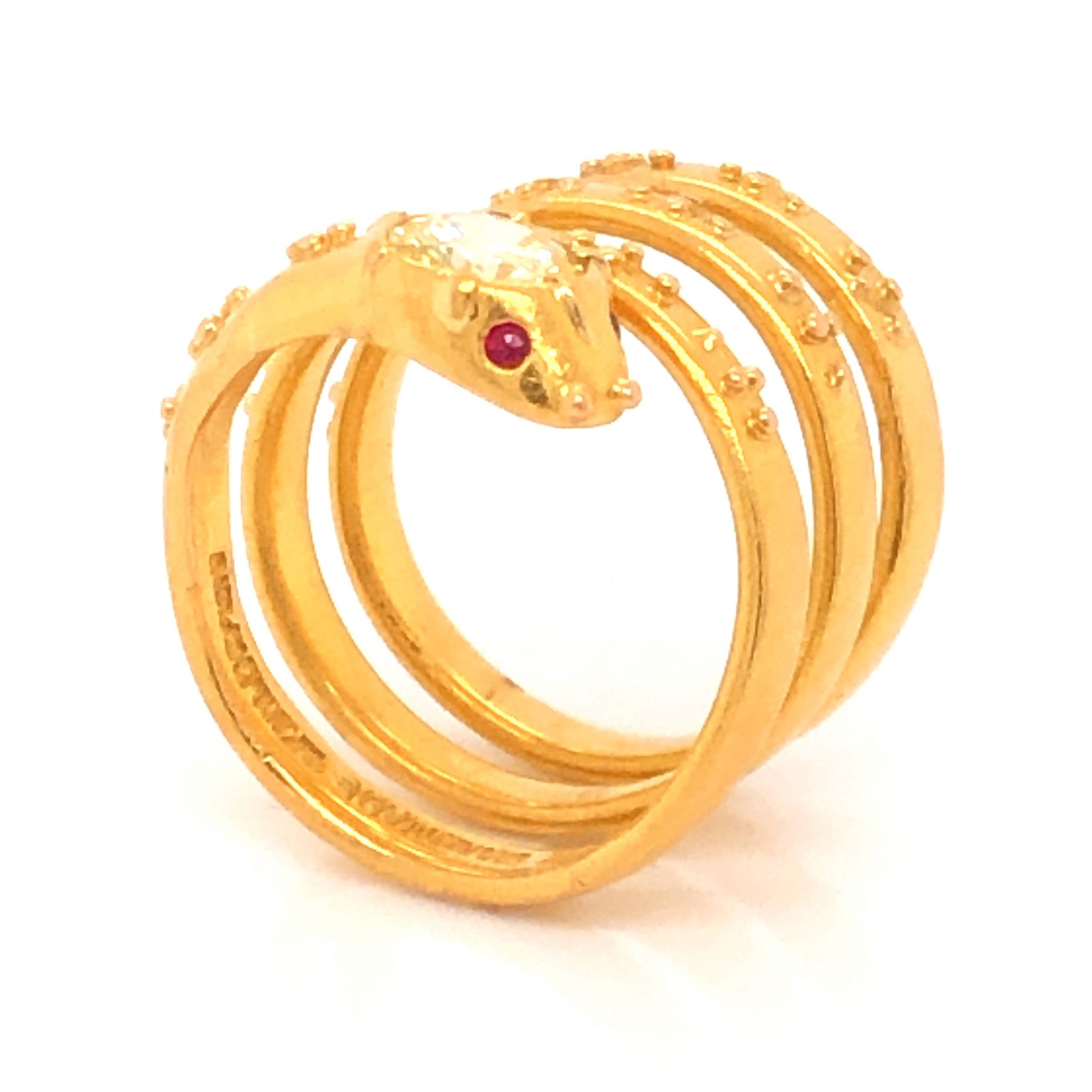 .68 Diamond Snake Ring w/ Ruby Eyes in 22k Yellow Gold