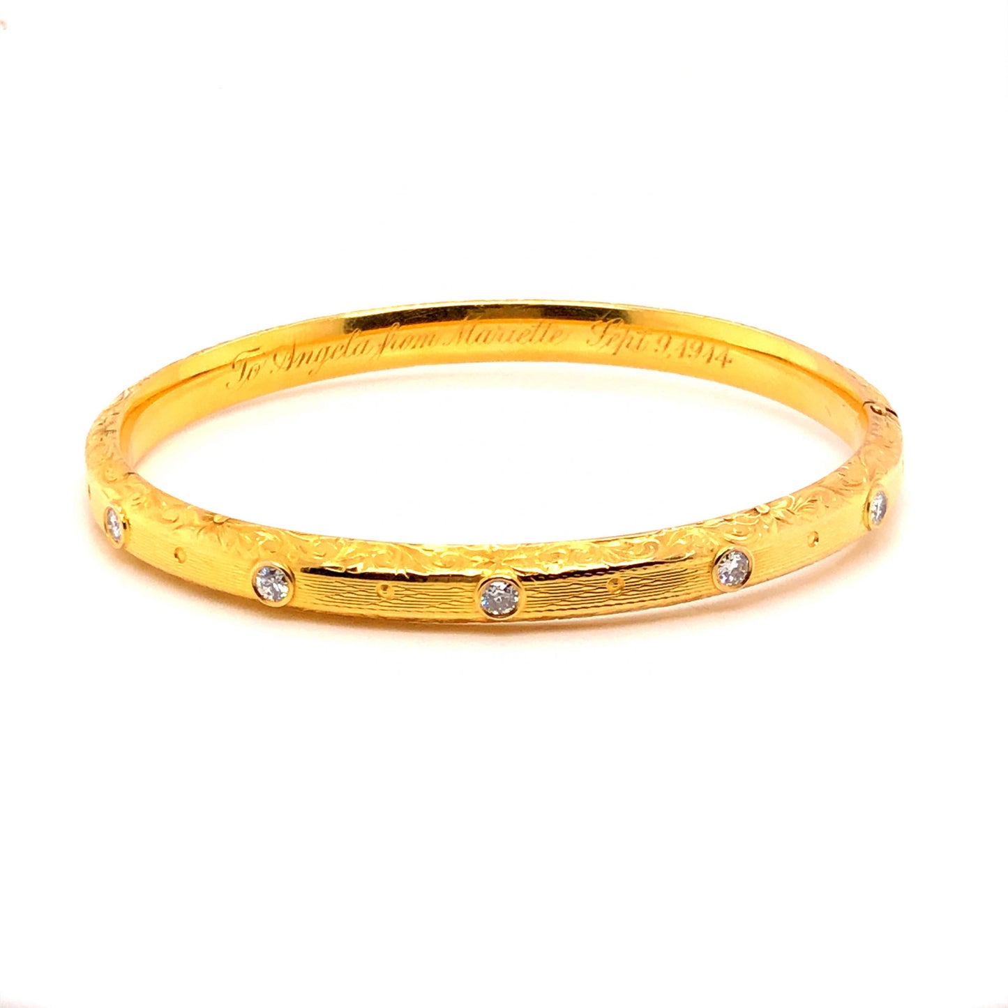 Engraved Victorian Diamond Bangle Bracelet in 14k Yellow Gold