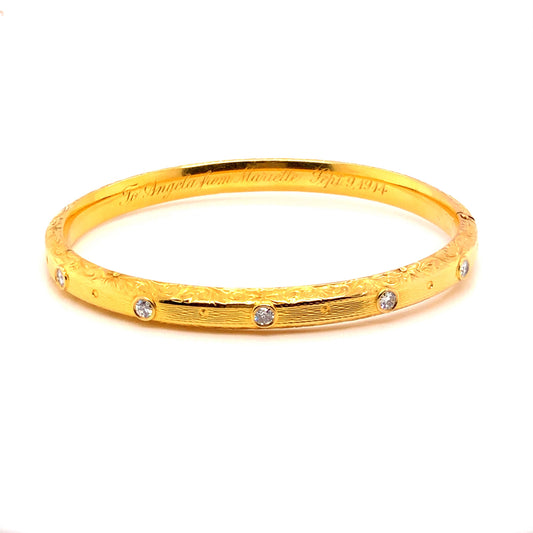 Engraved Victorian Diamond Bangle Bracelet in 14k Yellow Gold