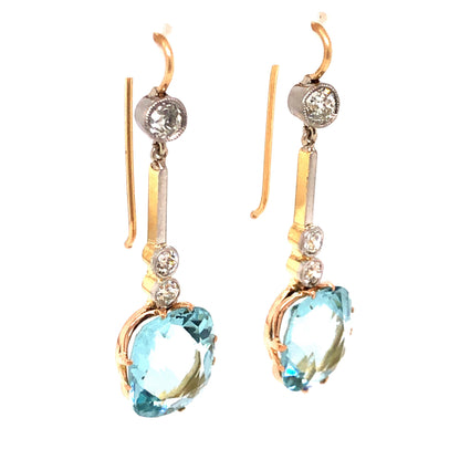 Art Deco Aquamarine and Diamond Drop Earrings in 14k