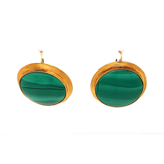 Large Cabochon Malachite Earrings in 14k Yellow Gold