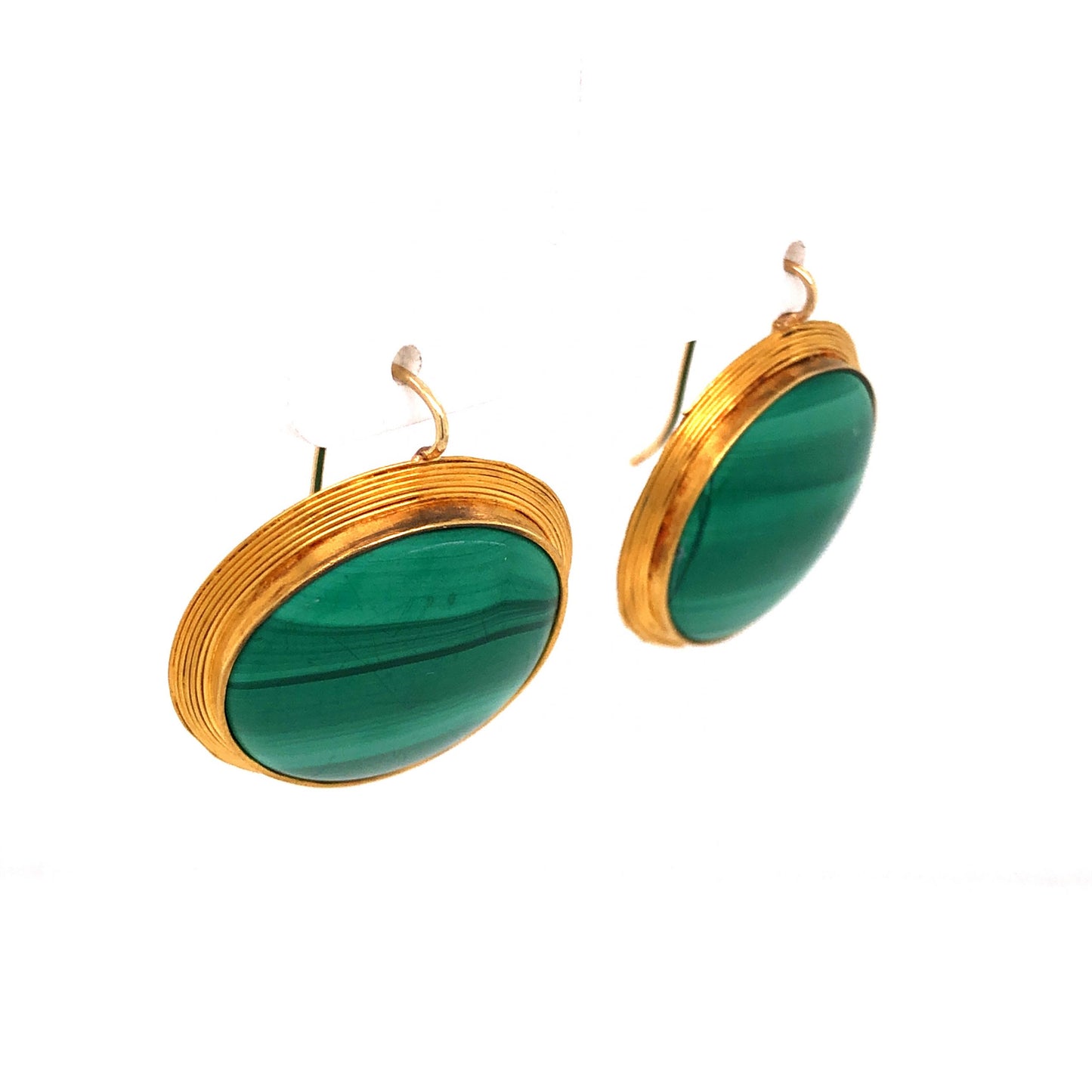 Large Cabochon Malachite Earrings in 14k Yellow Gold