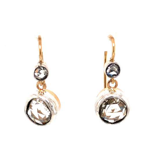 3.04 Victorian Rose Cut Diamond Earrings in 14k Gold and Silver