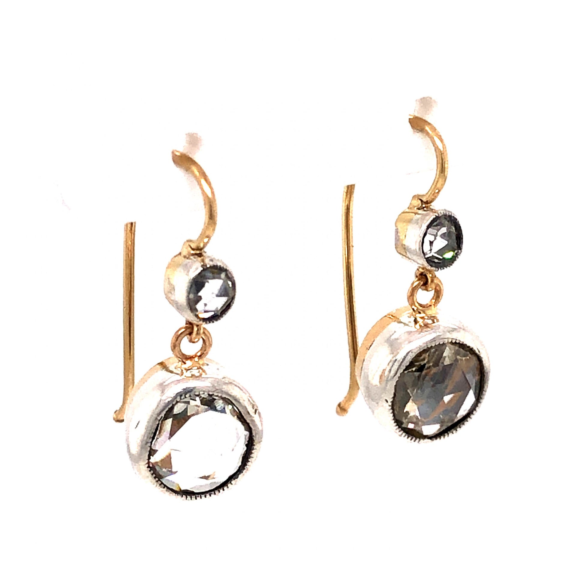3.04 Victorian Rose Cut Diamond Earrings in 14k Gold and Silver