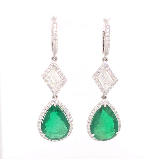 7.65 Pear Cut Emerald & Diamond Drop Earrings in Platinum