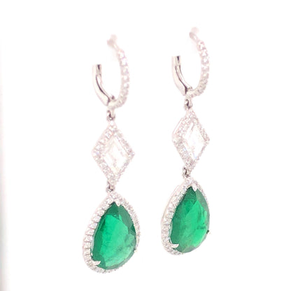 7.65 Pear Cut Emerald & Diamond Drop Earrings in Platinum