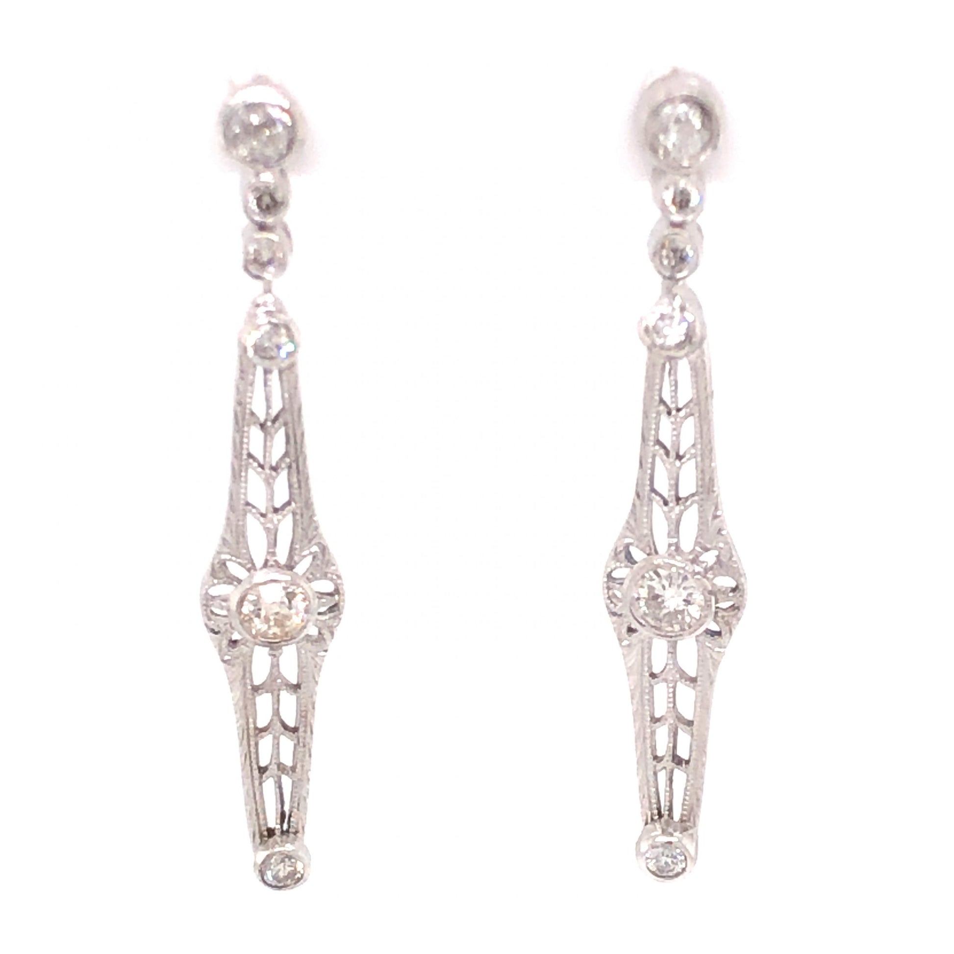 .78 Art Deco Diamond Earrings in 14k White GoldComposition: PlatinumTotal Diamond Weight: .78 ctTotal Gram Weight: 2.8 g
