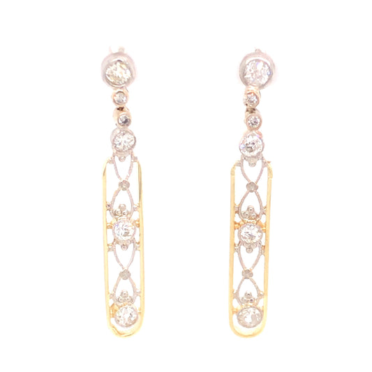 1.14 Art Deco Diamond Earrings in 14k Yellow Gold and Platinum