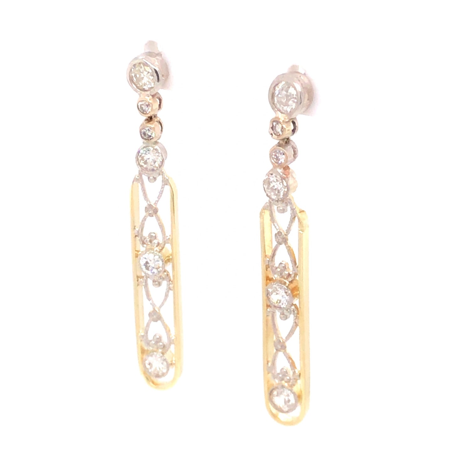 1.14 Art Deco Diamond Earrings in 14k Yellow Gold and Platinum