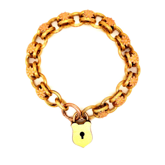 Antique Victorian Floral Chain Padlock Bracelet in 14k Yellow Gold