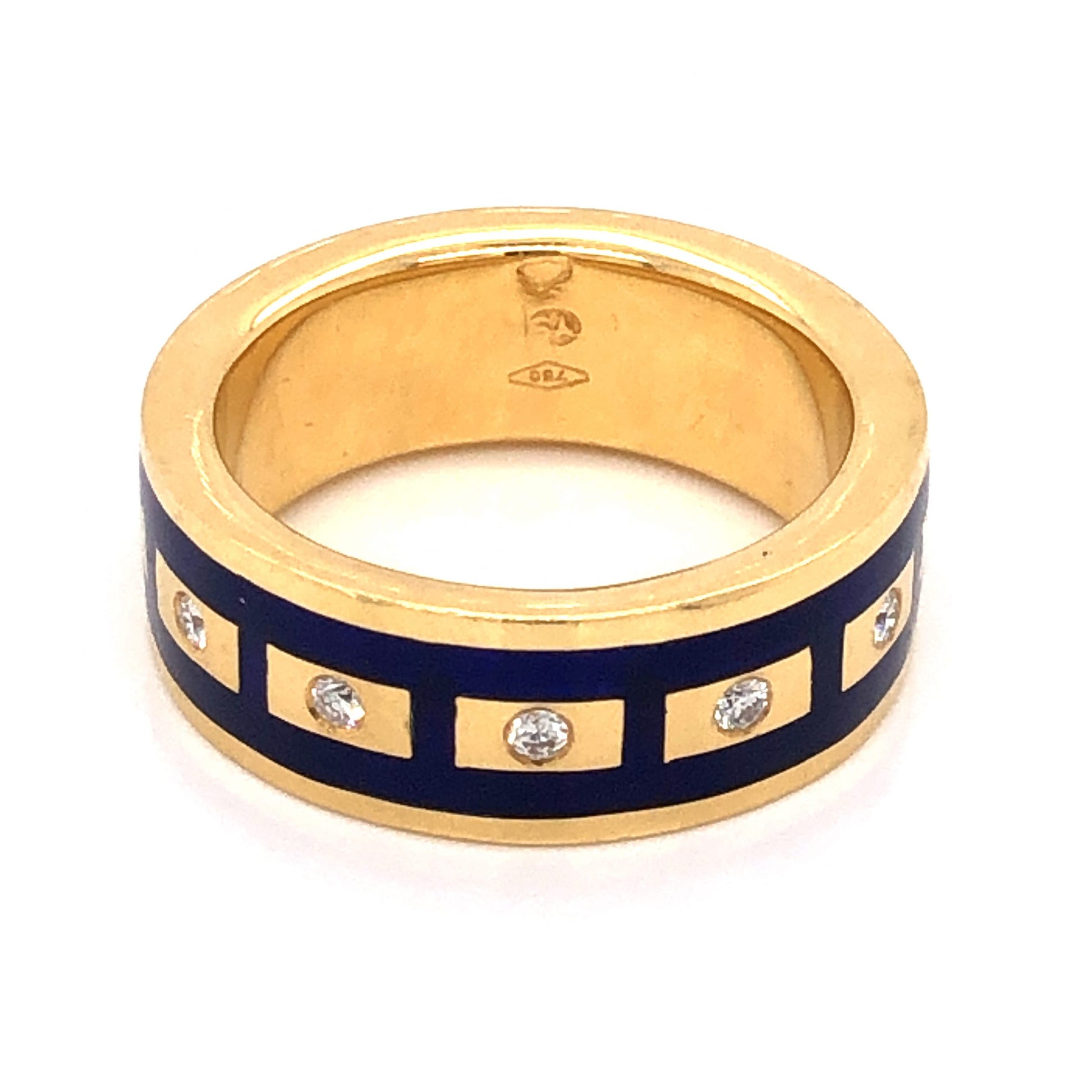 .10 Diamond Right Hand Ring in 18K Yellow Gold w/ Blue Enamel