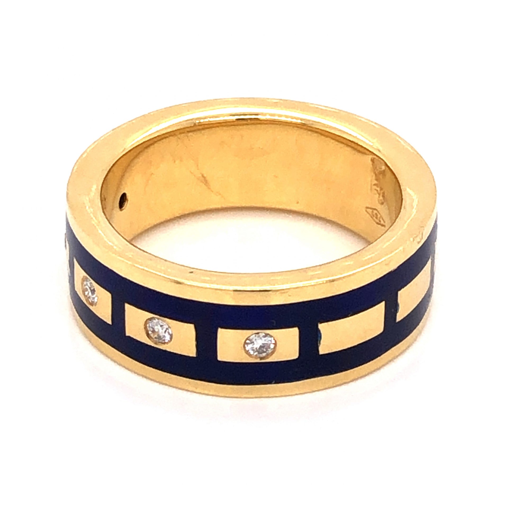 .10 Diamond Right Hand Ring in 18K Yellow Gold w/ Blue Enamel