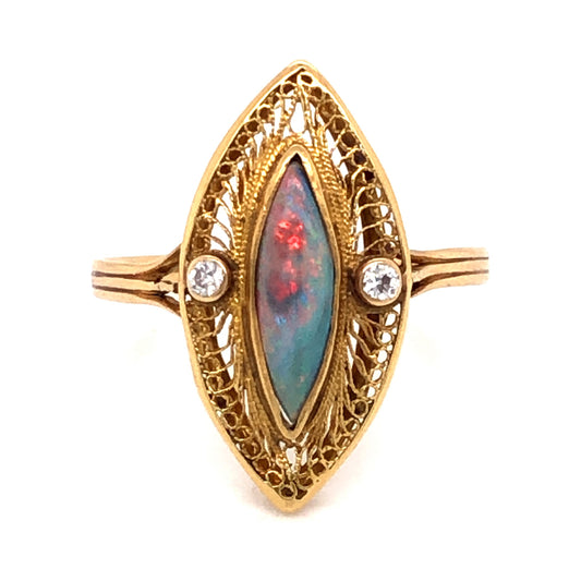 Victorian Opal & Diamond Navette Cocktail Ring 14k Yellow Gold