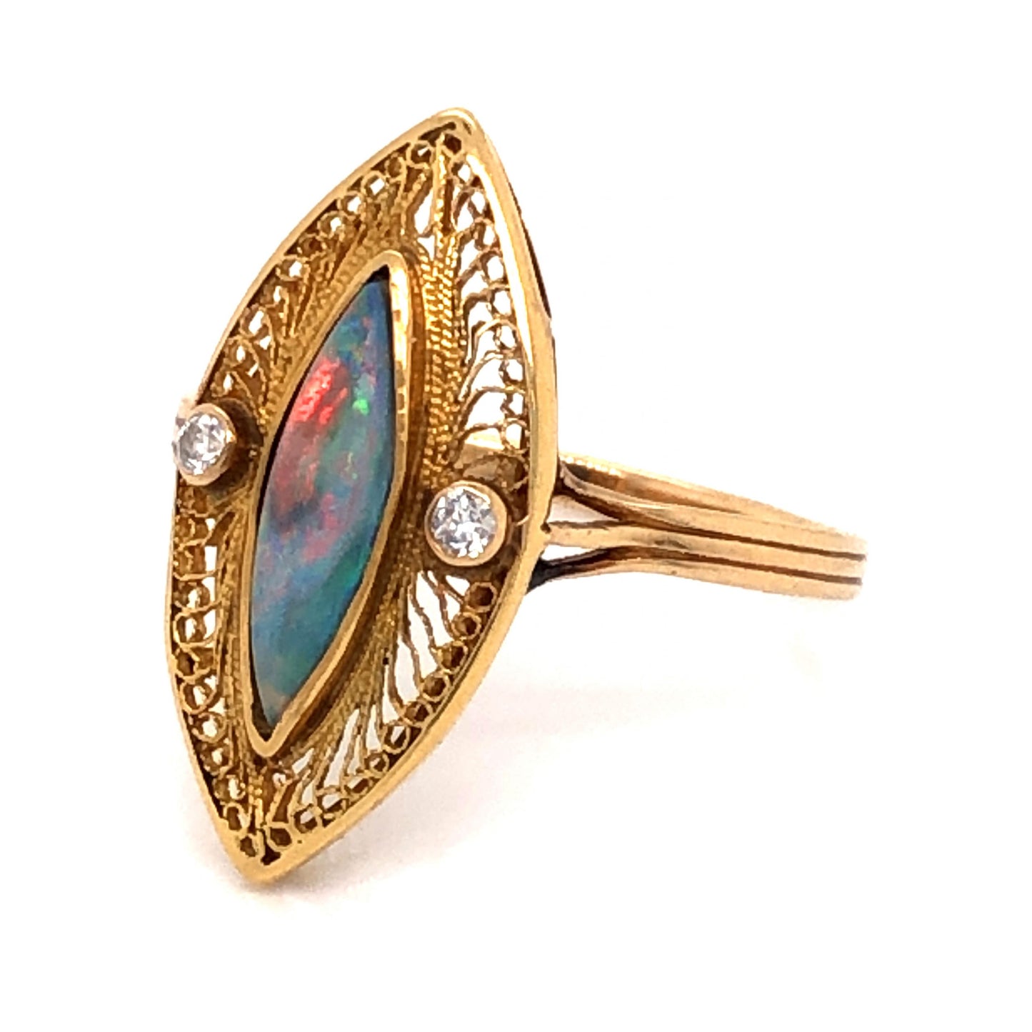 Victorian Opal & Diamond Navette Cocktail Ring 14k Yellow Gold