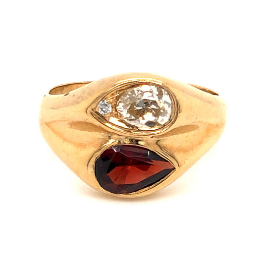 Mid-Century Garnet & Diamond Cocktail Ring in 14k Yellow Gold