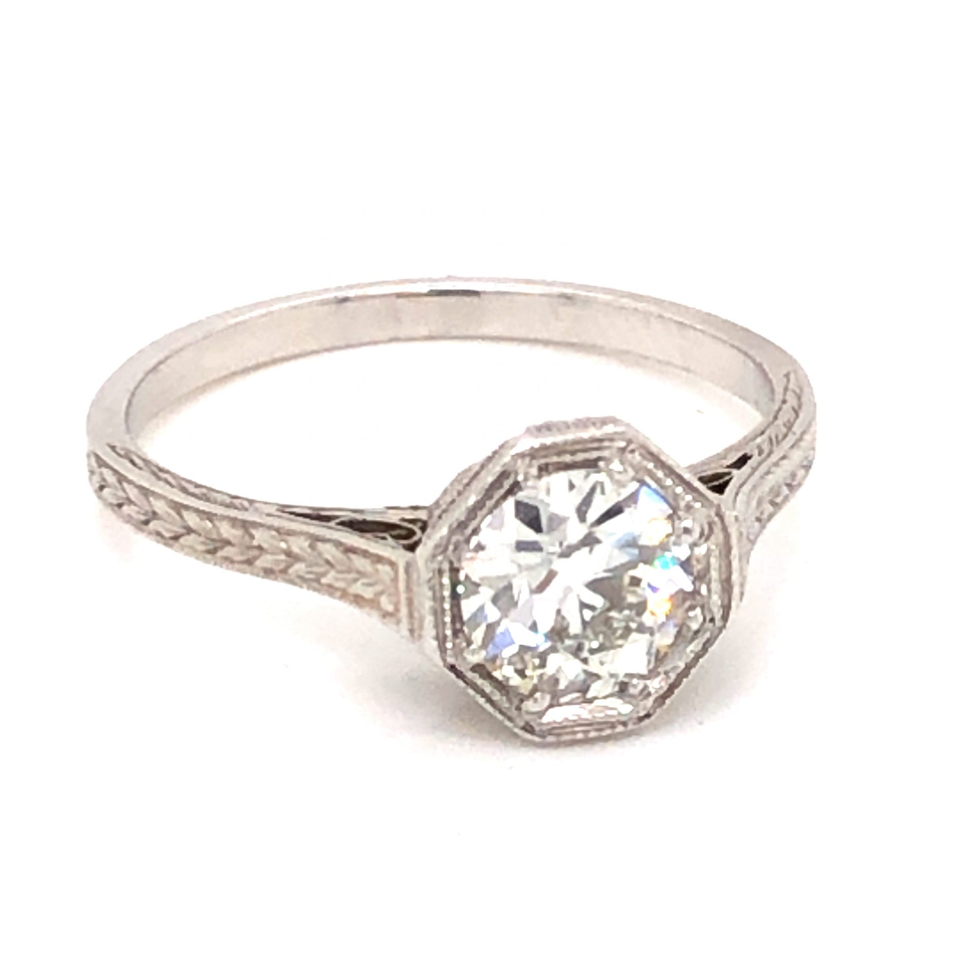 .85 Art Deco Diamond Engagement Ring in PlatinumComposition: PlatinumRing Size: 5.75Total Diamond Weight: .85 ctTotal Gram Weight: 3.0 g