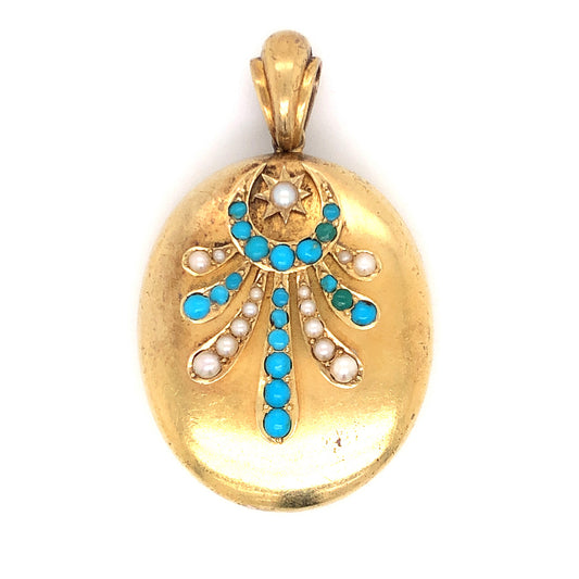 Antique Victorian Turquoise & Pearl Pendant in 14k Yellow Gold